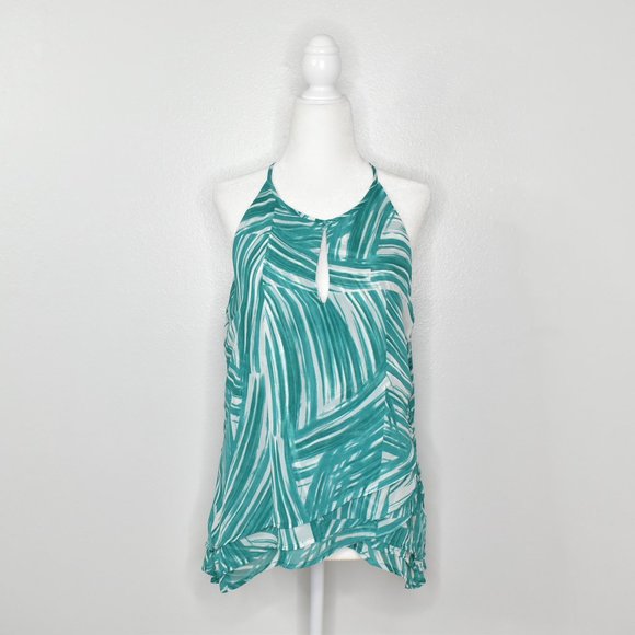 Banana Republic Tiered Sleeveless Halter Tank Top Teal White Chiffon Size L NWT - Picture 1 of 12